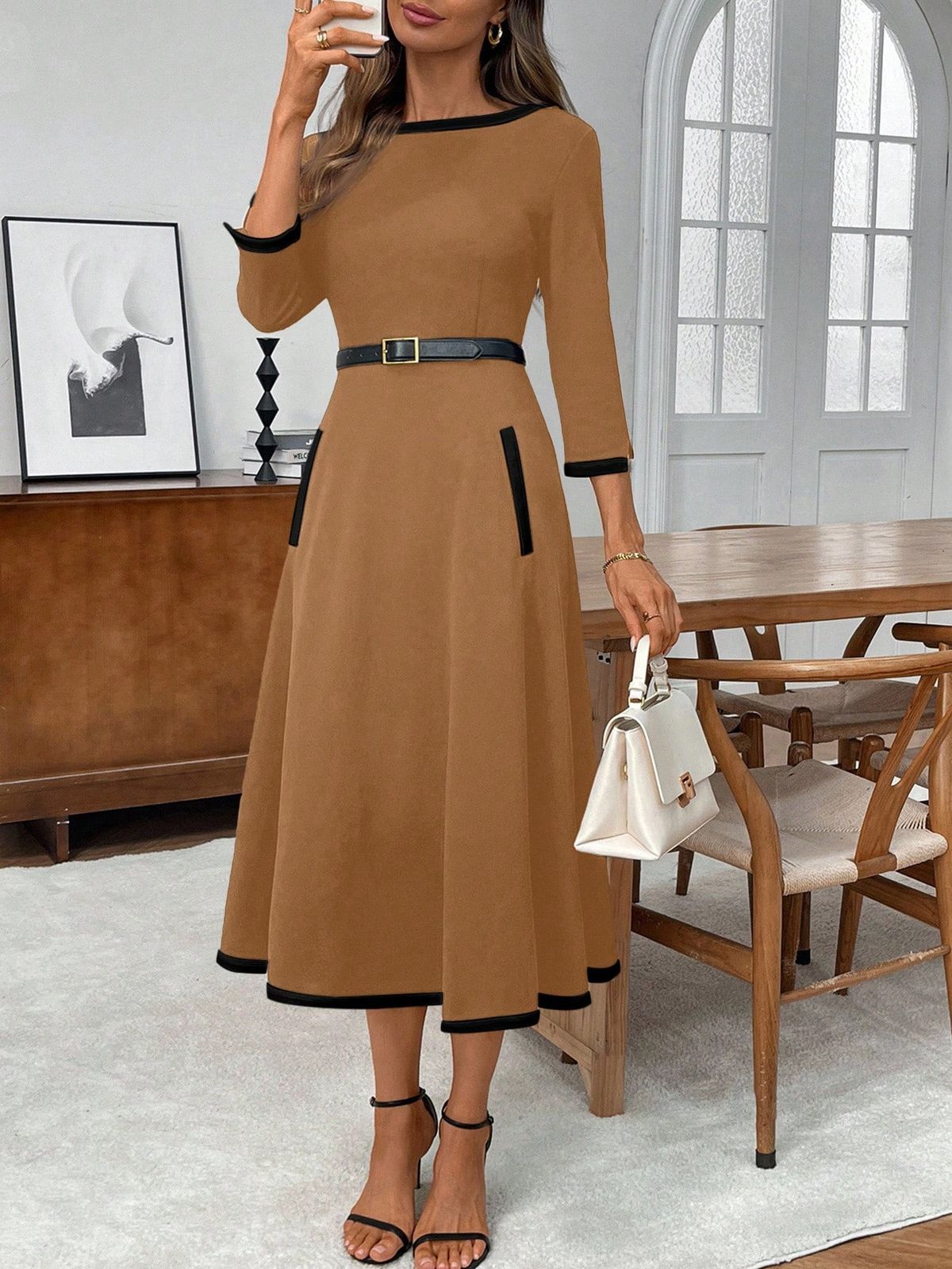 elegant outfits_Women's Elegant Mid-Length Dress With Ribbed Crew Neck & 3/4 Sleeves