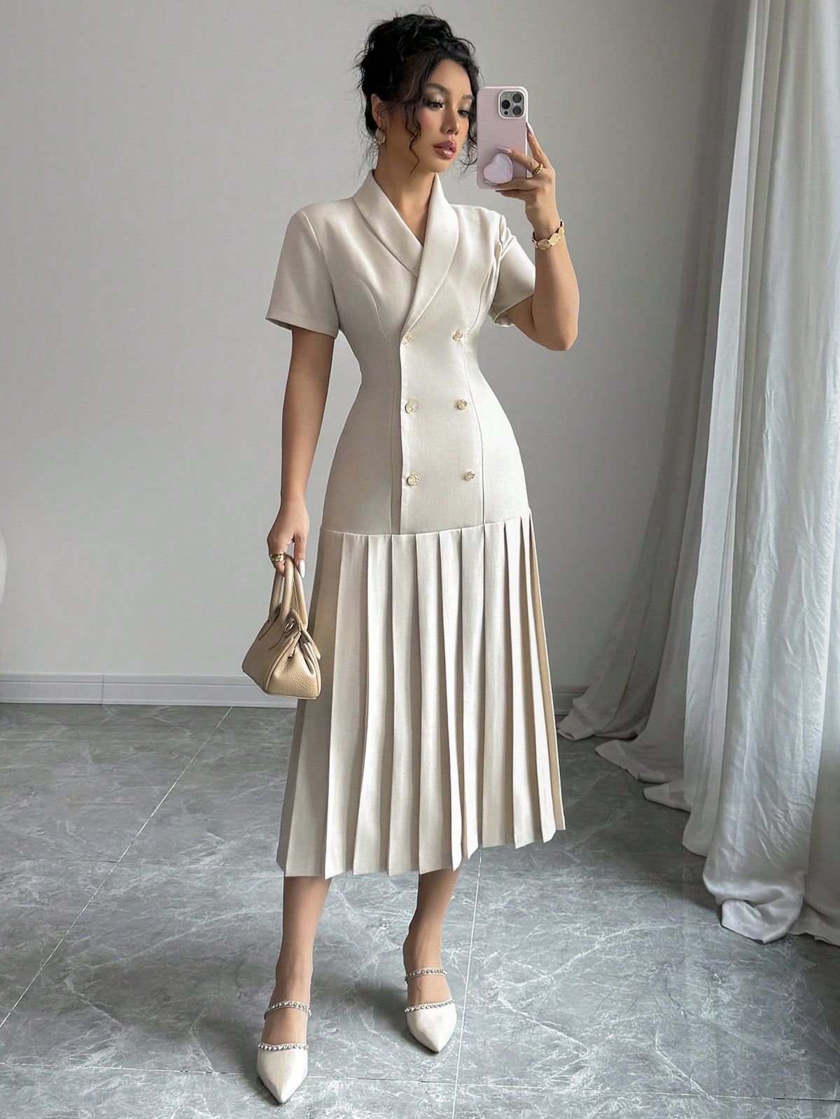 elegant outfits_Women's French Style Commuter Elegant Afternoon Tea Party Business Casual Office Chic Minimalist High-End Lapel Metal Button Double-Breasted Ruched Hem Short Sleeve Dress, Spring/Summer