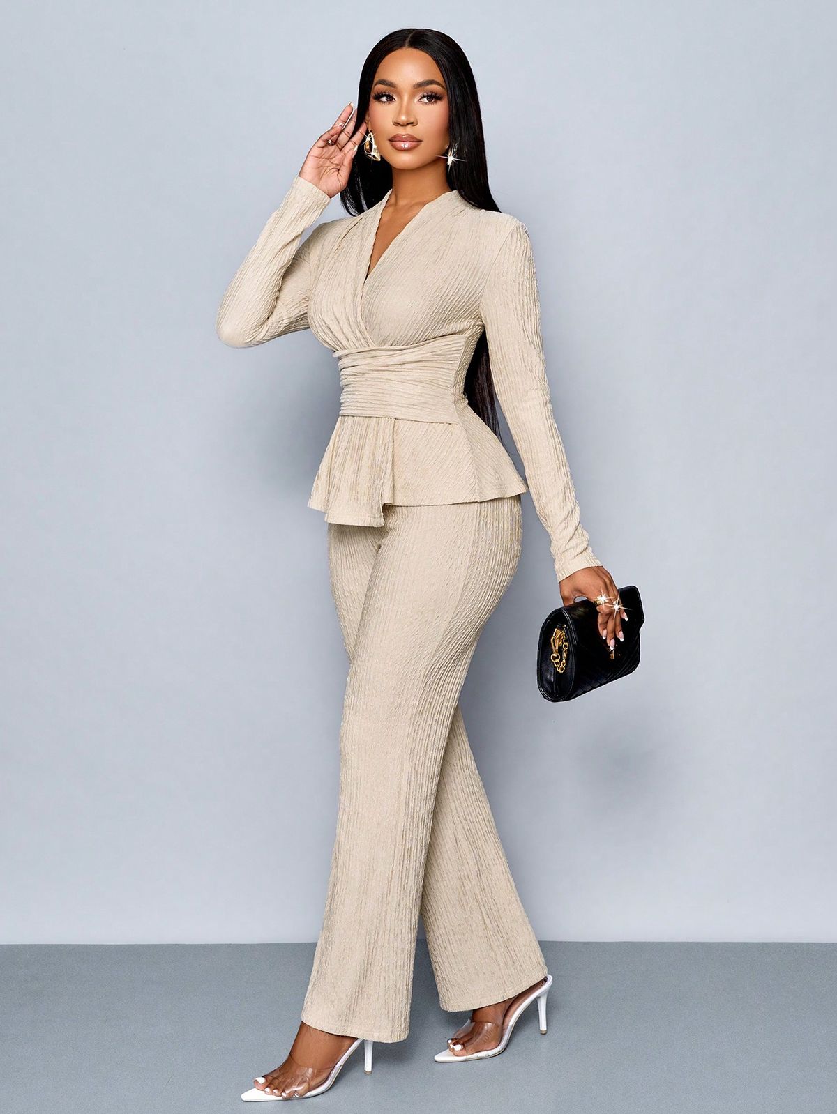 elegant outfits_Women's Apricot Color Elegant V Neck Long Sleeve T-Shirt And Wide Leg Pants Two Piece Set,Asymmetrical Hem Two-Piece Outfits,Casual Daily Wear,Winter Clothes For Women