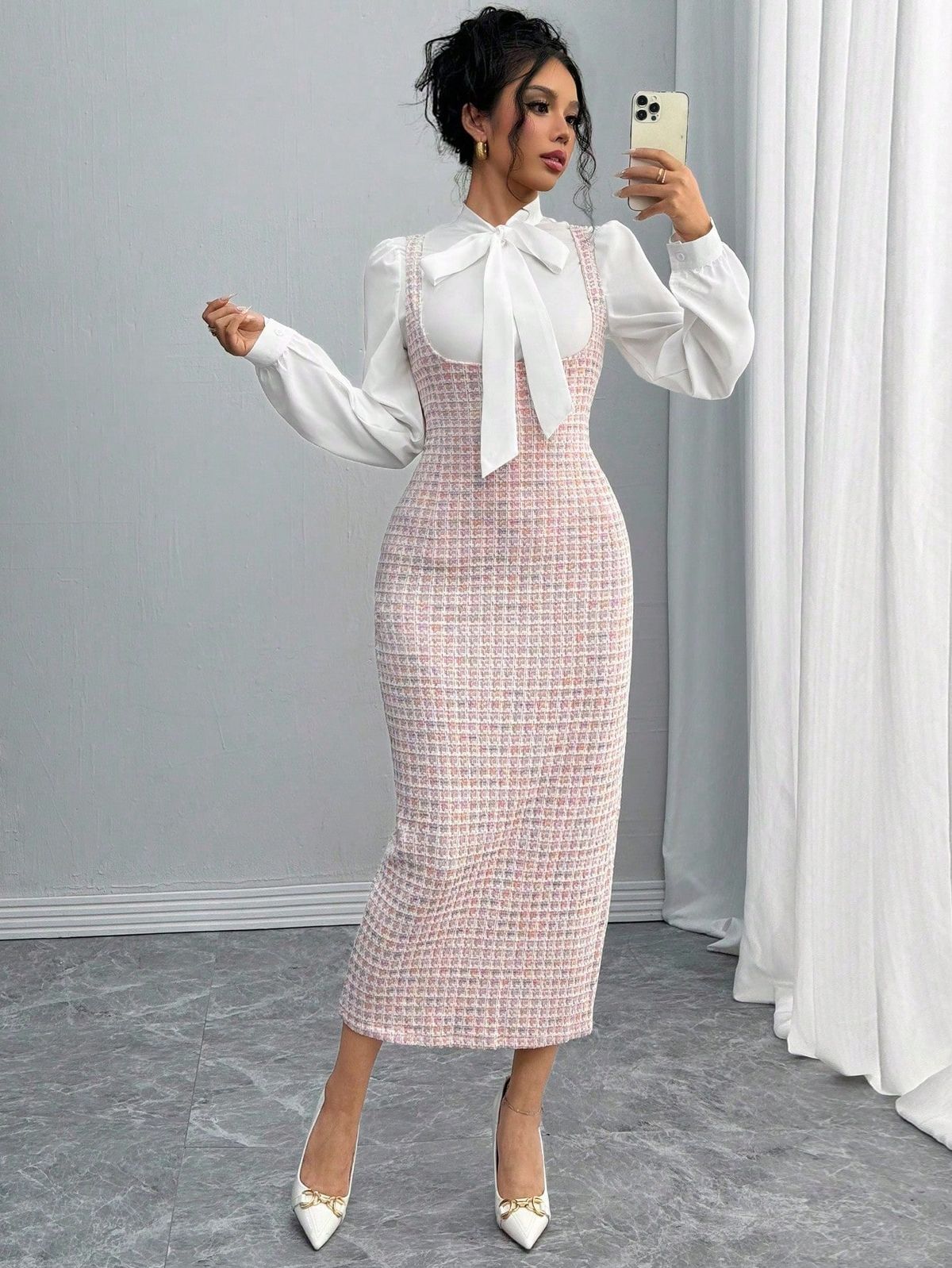 elegant outfits_Elegant Fashion French White Collar Tie Long Suspender Skirt Women 2 Pieces Set, Autumn/Winter