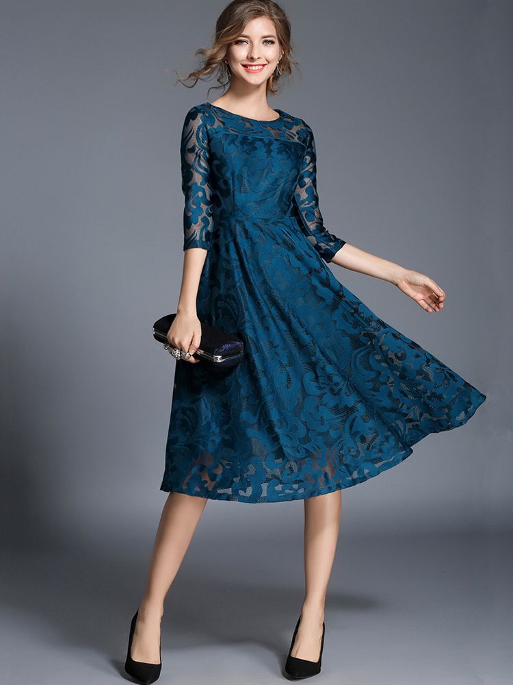 elegant outfits_Spring Autumn Mid Length Lace Dress Women's Clothes Seven Middle Sleeve Slim Fit Ladylike Elegant