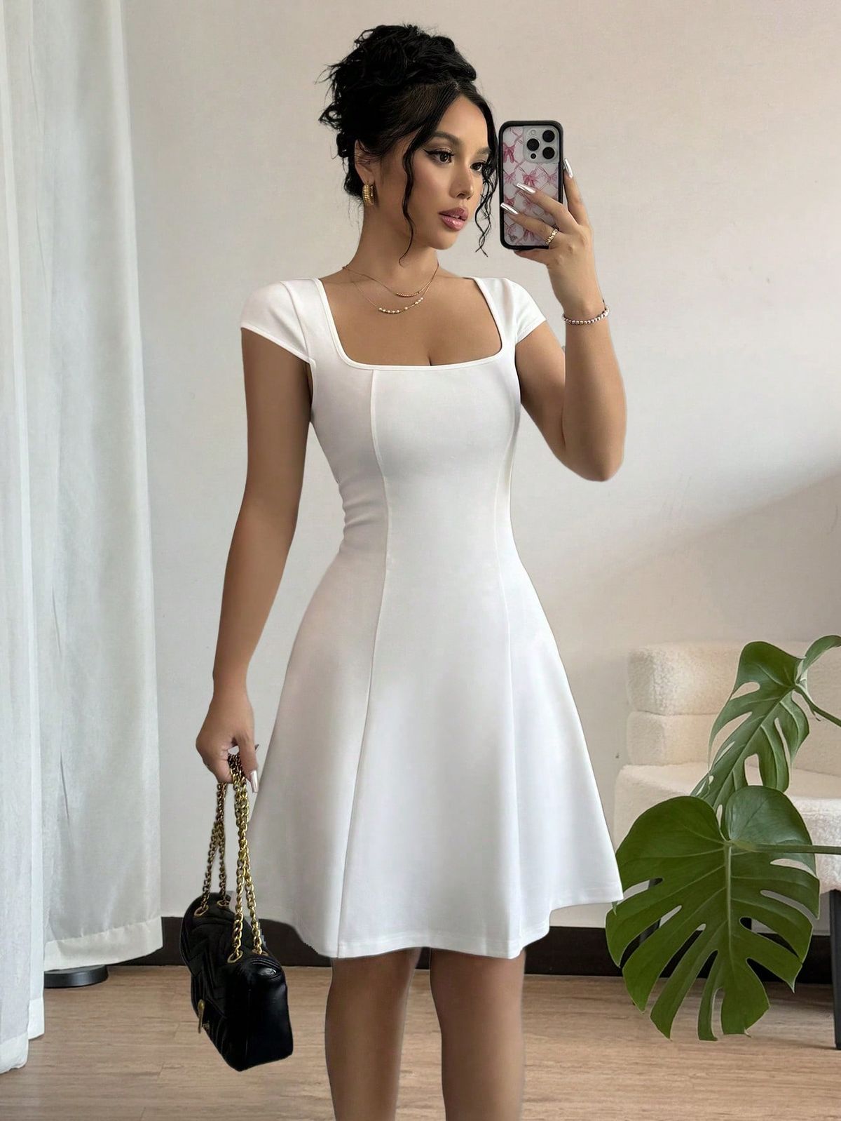 elegant outfits_New Women's Square Neck, Puff Sleeve, A-Line, High-Stretch Fabric Solid Color Chic Fashion Young Fitting Commute Daily Casual Versatile Waist-Defining Slim Autumn/Winter Elegant Refined Dress