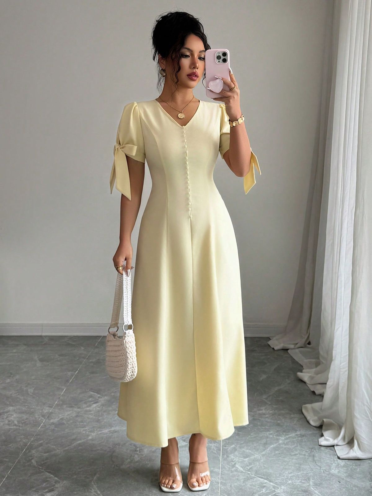 elegant outfits_Solid Color V-Neck Button Cuff Bowknot Elegant Women Long Dress