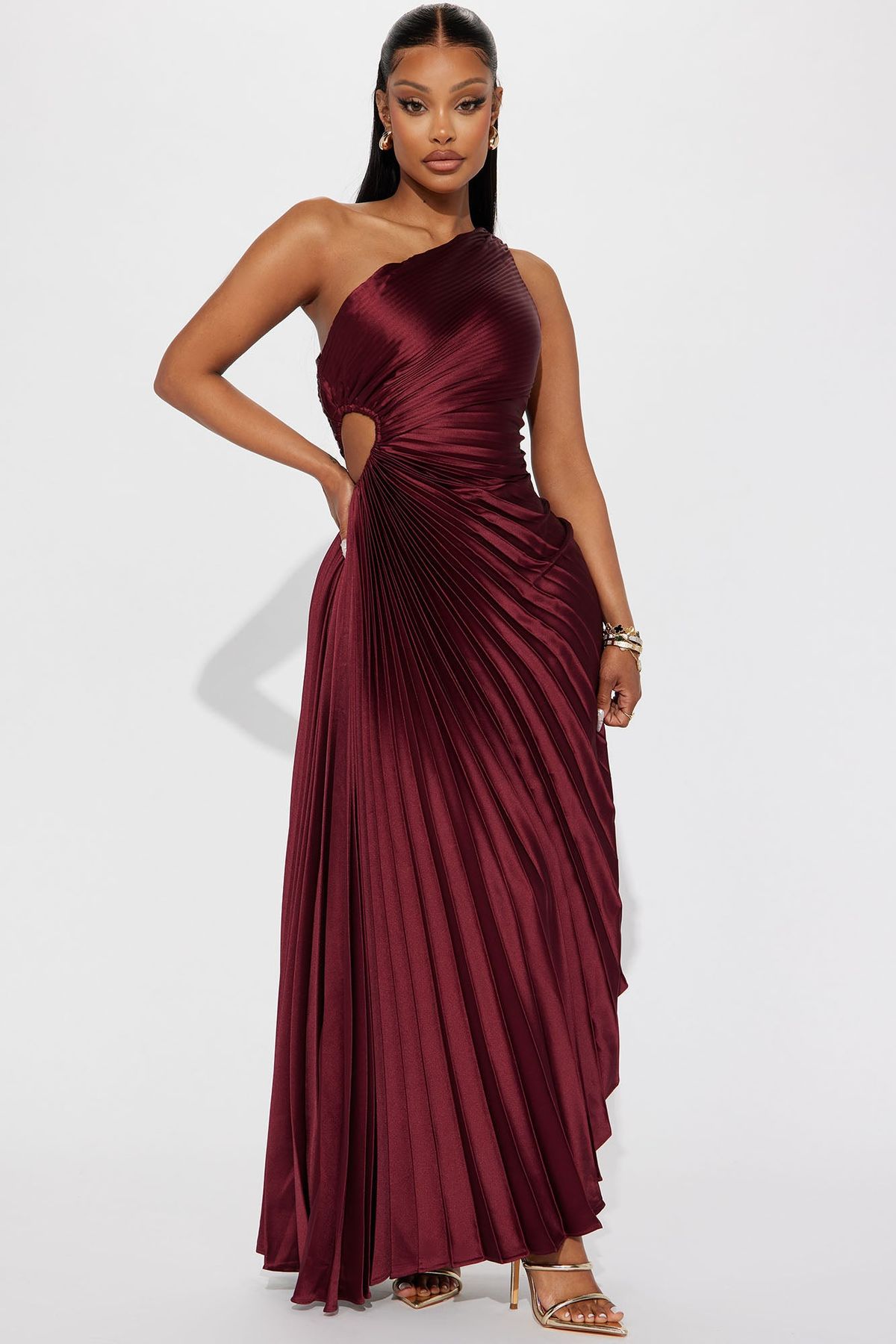 formal dresses_Plus Size Cut Out Sleeveless One Shoulder, Belle Satin Maxi Dress in Wine, Size 3X, For Holiday Party Or Vacation | Fashion Nova