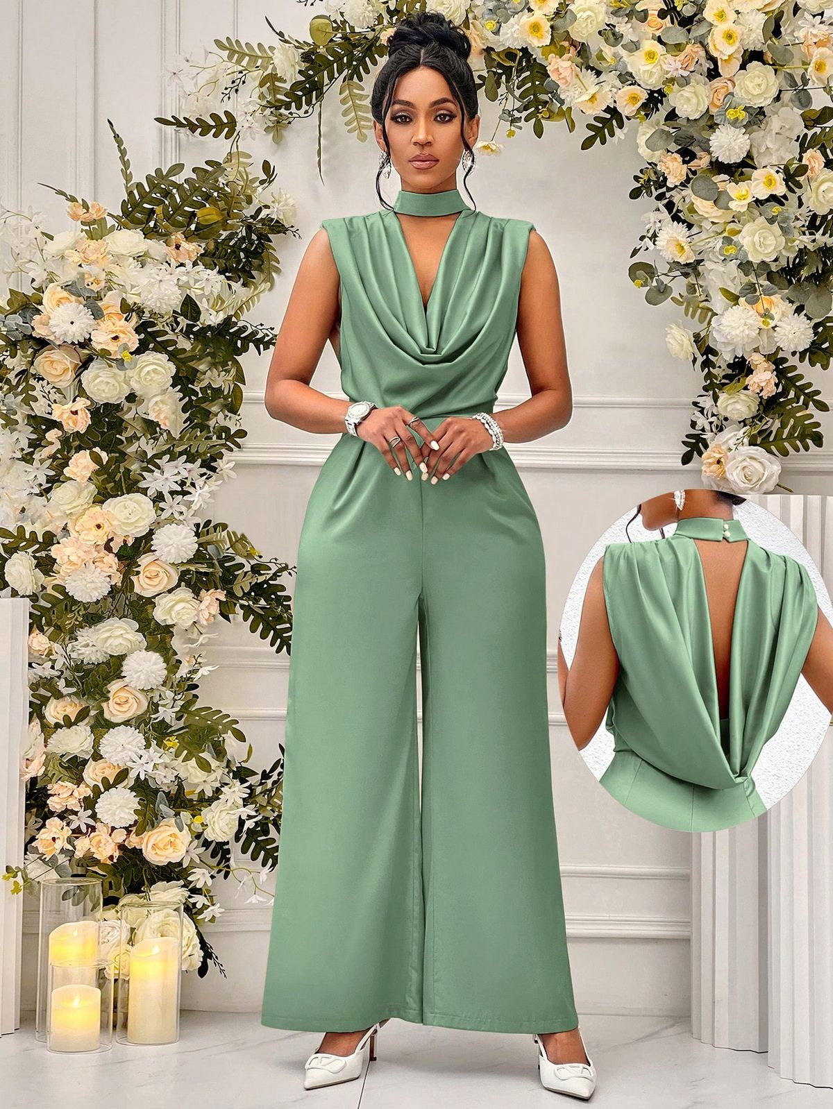 elegant outfits_Women's Fashionable Summer Halter Neck Open Back Solid Color Wide Leg Jumpsuit