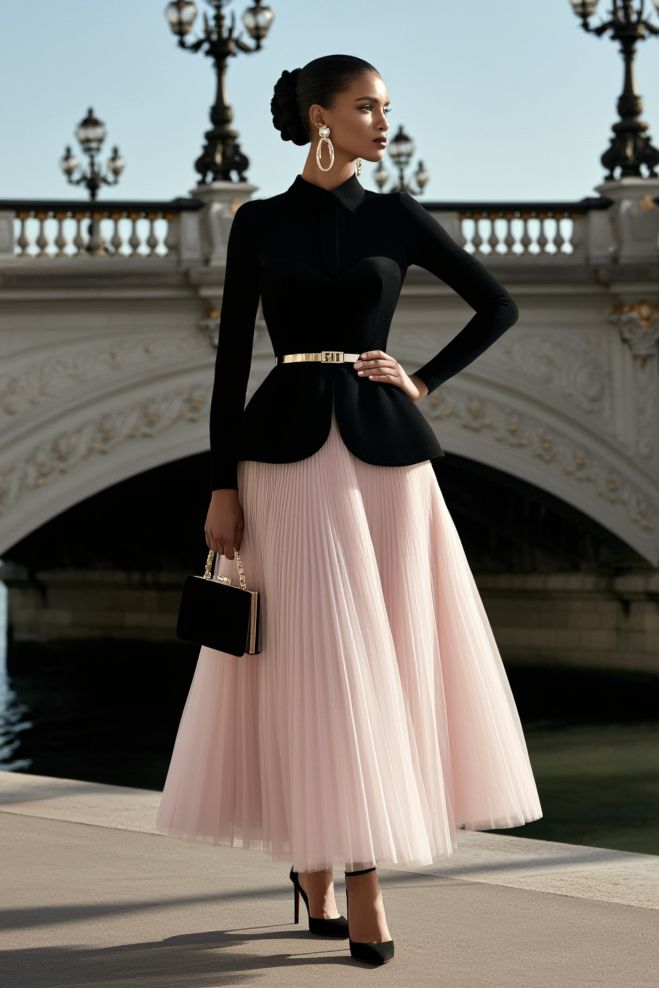 elegant outfits_Cocktail Party Skirt Sets Black Long Sleeve Pink Pleated Maxi Skirt