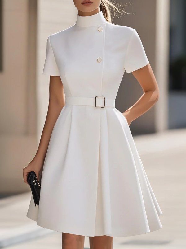 elegant outfits_Short Sleeves Belted Buttoned Solid Color Stand Collar Mini Dresses WHITE-XL