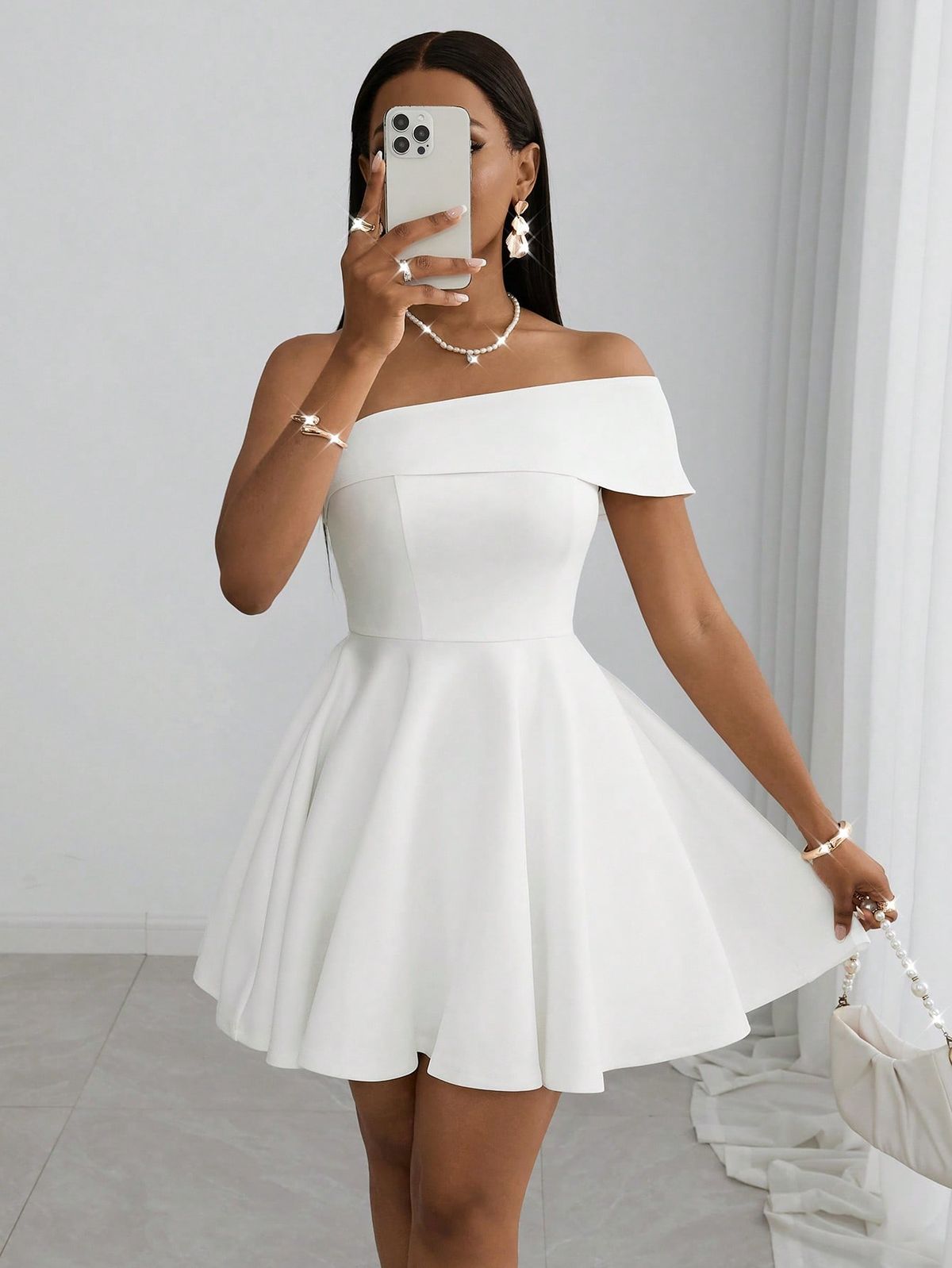 elegant outfits_New Spring/Summer 2025 White Off-Shoulder Mini Dress - Elegant Holiday Fitted Mini Dress Suitable For Wedding, Music Festival, Party, Club, Dinner