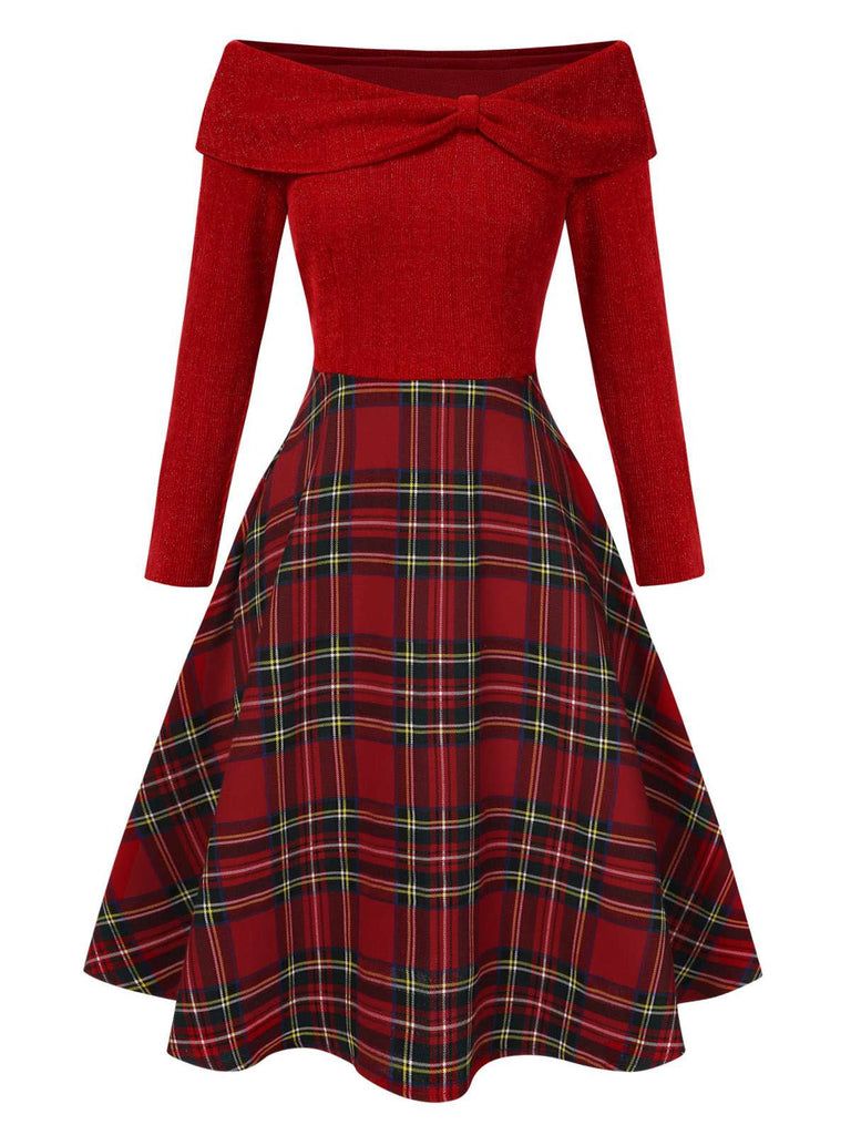 elegant outfits_Red 1950s Christmas Off Shoulder Tartan Dress
