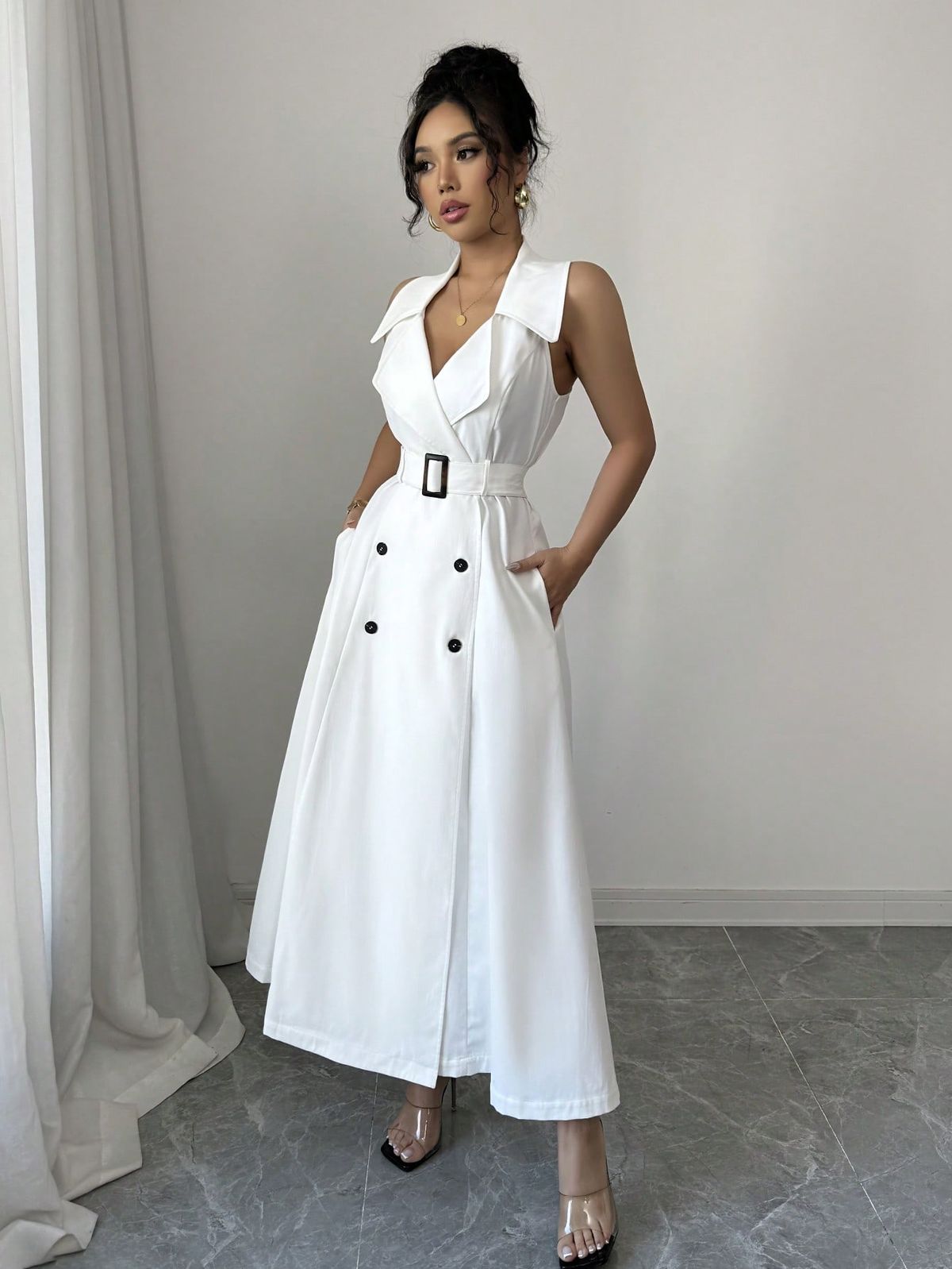 elegant outfits_Women's Elegant French Style Casual/Vacation/Commute Solid Color Notched Collar, Double-Breasted, Cinched Waist Long Dress, Sleeveless, A-Line, Spring/Summer