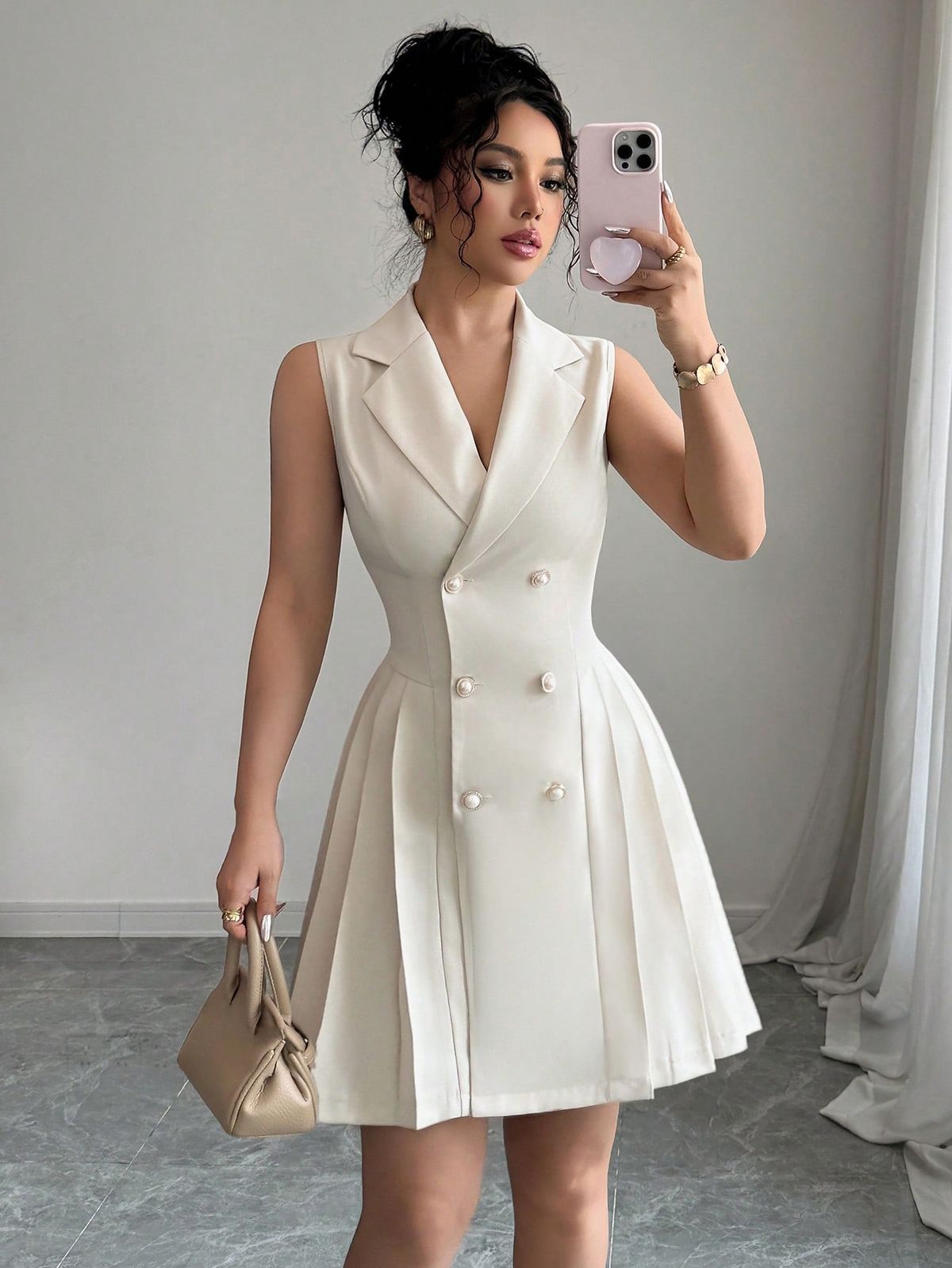 elegant outfits_Women's Sleeveless Pleated Solid Color Double-Breasted Elegant Dress Women Short Dresses Summer Work Summer Dresses