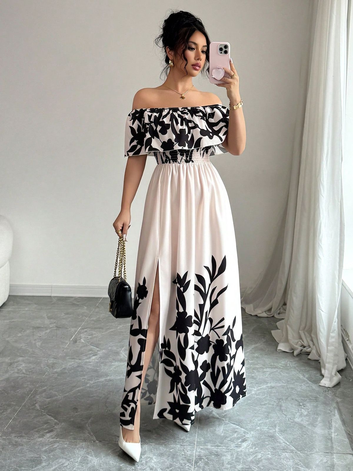 elegant outfits_French Elegant Sexy Printed Off Shoulder Slit Women Dress