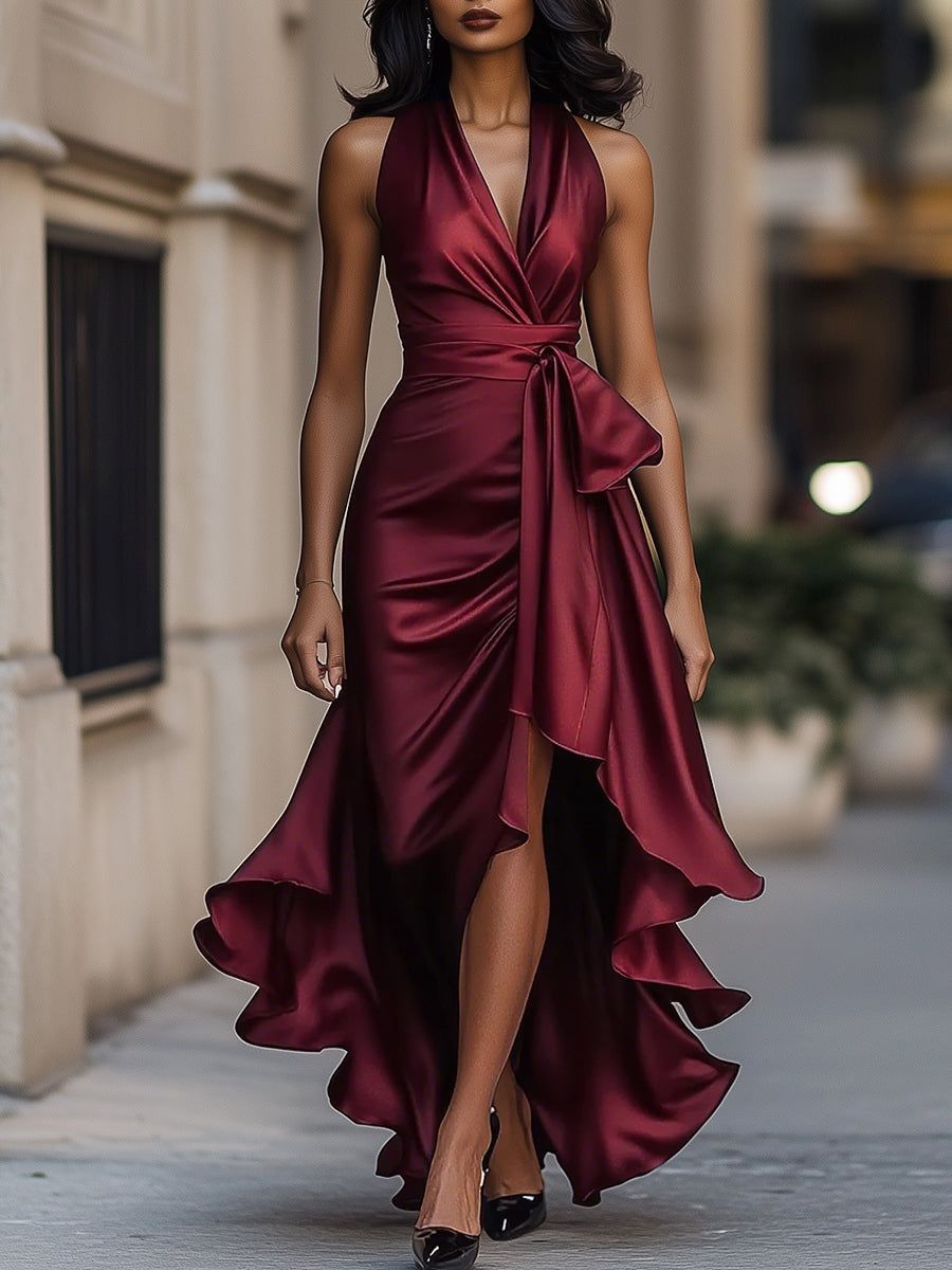 formal dresses_Midnight Elegance Satin Halter Ruffle Gown