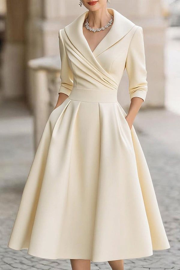 elegant outfits_Solid Color Elegant Long Sleeve Waist Pocket Midi Dress
