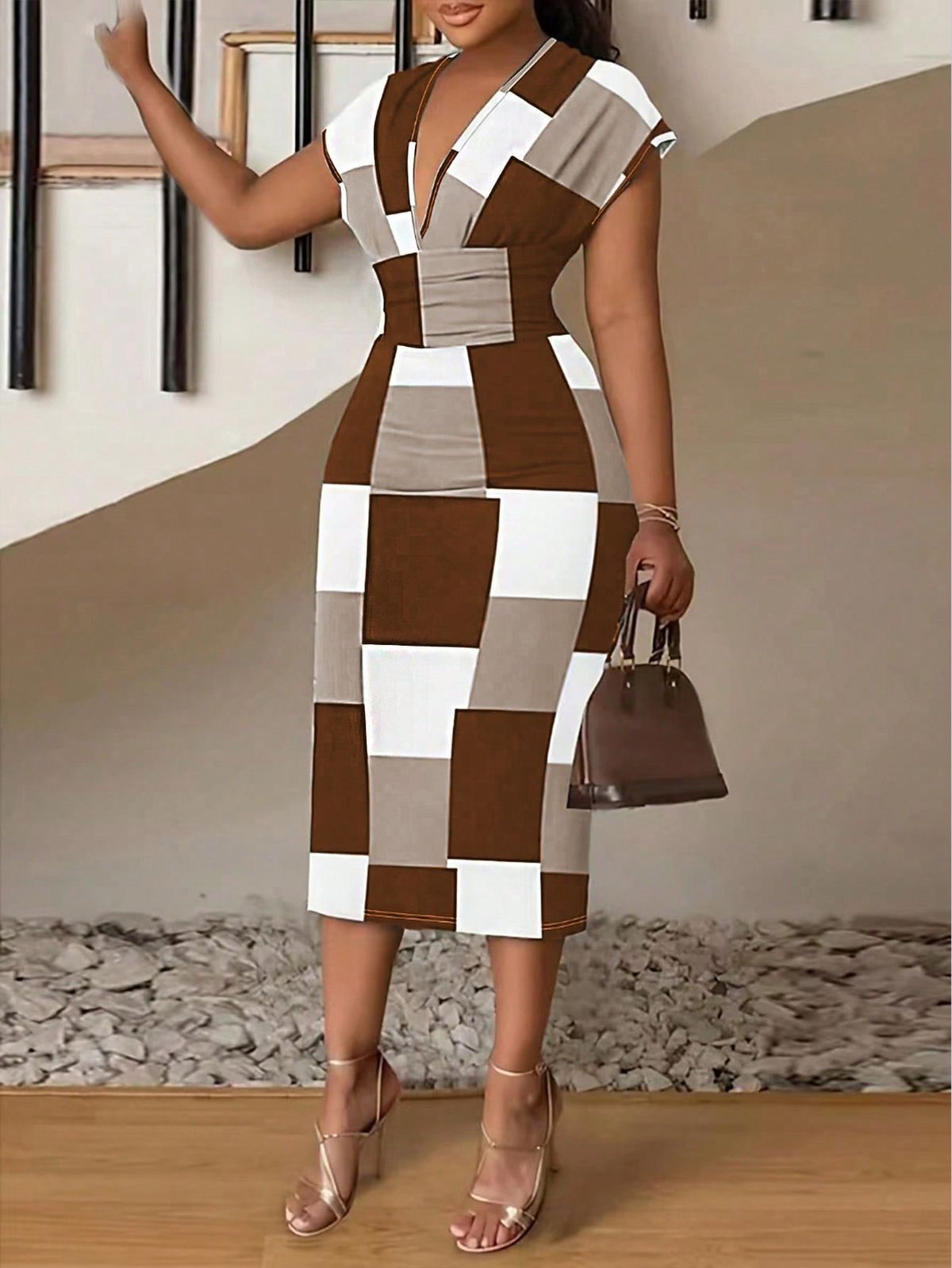 elegant outfits_Deep V Neck Colorblock Bodycon Dress Maxi Women Outfit