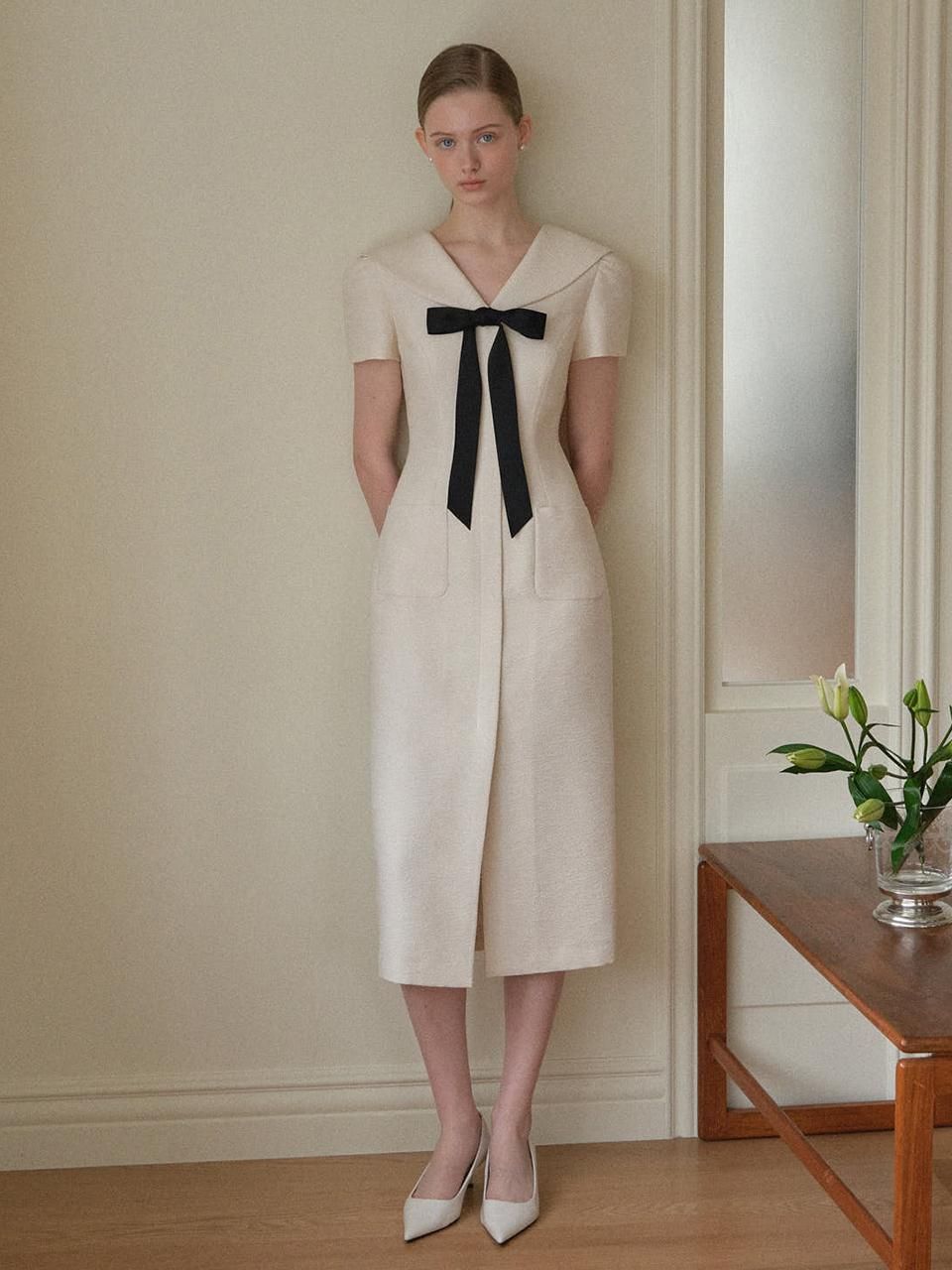 elegant outfits_BRIA Sailor Collar Ribbon Tie H-line Long Dress (Cream/Navy)