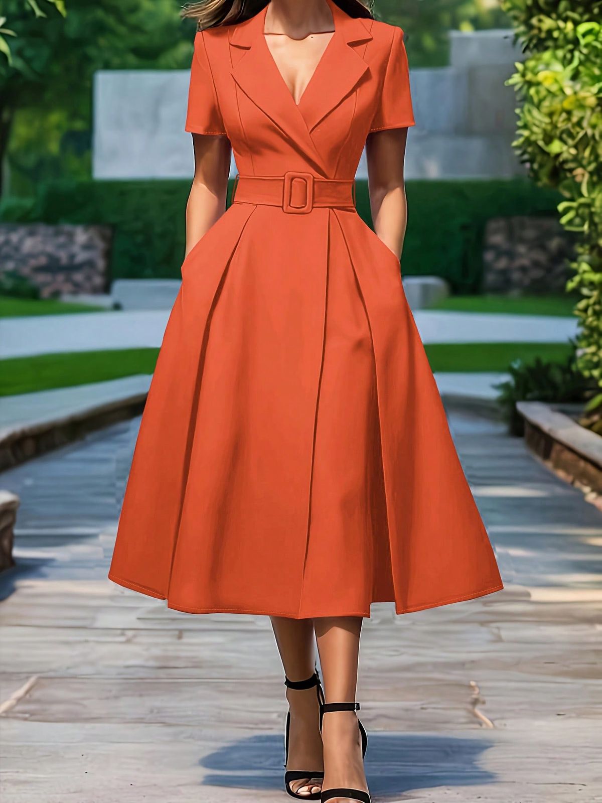 elegant outfits_Women's Elegant Minimalist Commuter Short Sleeve Collared Waist Cinched A-Line Dress With Matching Belt