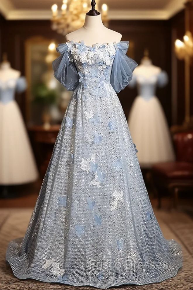formal dresses_Blue Tulle Sequins Off the Shoulder Lace Flower Formal Prom Dress - Blue / US2