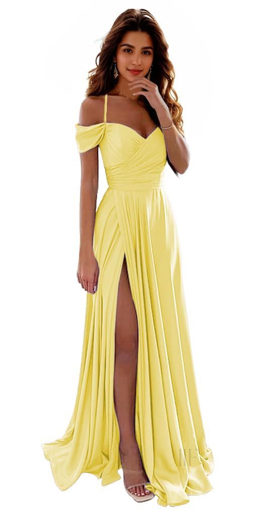 formal dresses_IIF Satin Bridesmaid Dresses Off Shoulder Spaghetti Strap Long Ruched A Line Formal Prom Dress with Slit IIF006