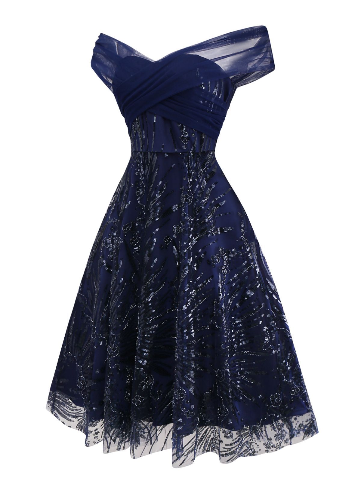 fancy outfits_[Pre-Sale] Blue 1950s Off-Shoulder Embroidered Sequin Floral Dress - Dark Blue / XXL / 14