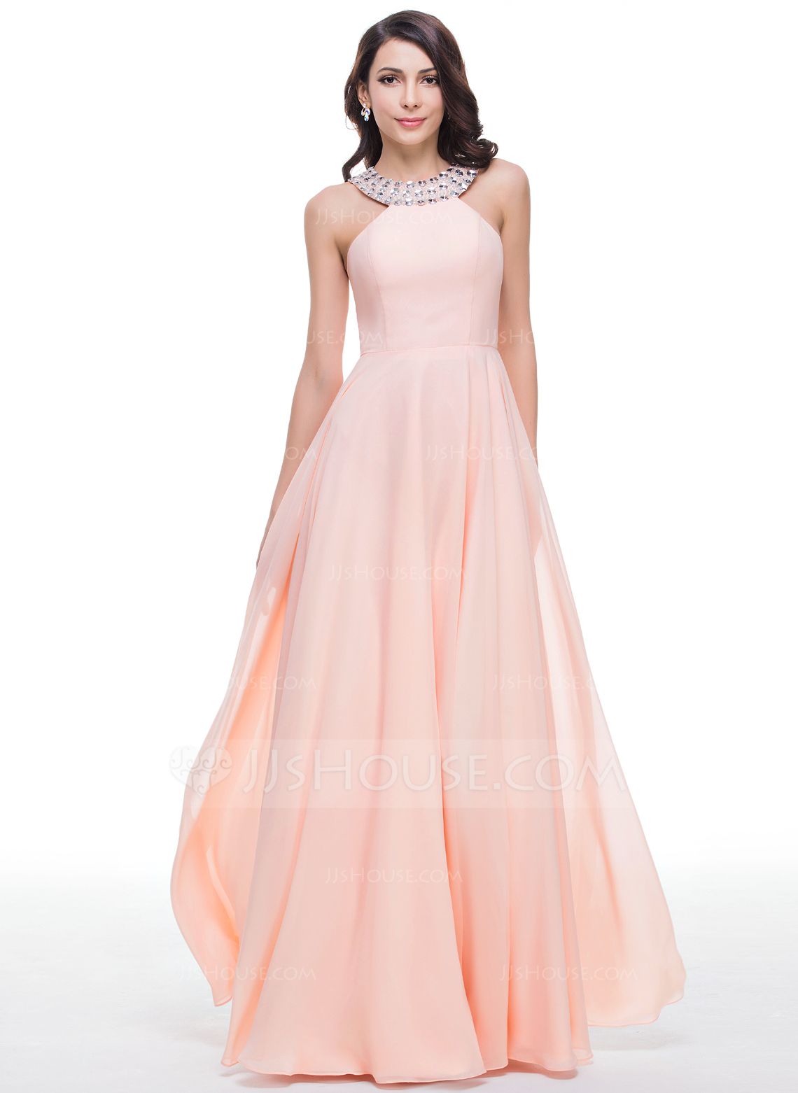 formal dresses_[US$ 158] A-Line Scoop Neck Floor-Length Chiffon Prom Dresses With Beading  - JJ's House