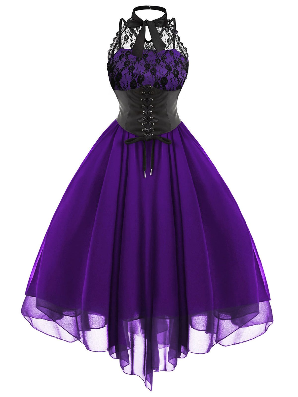 fancy outfits_Halloween Gothic Steampunk Lace Dress - Purple / L