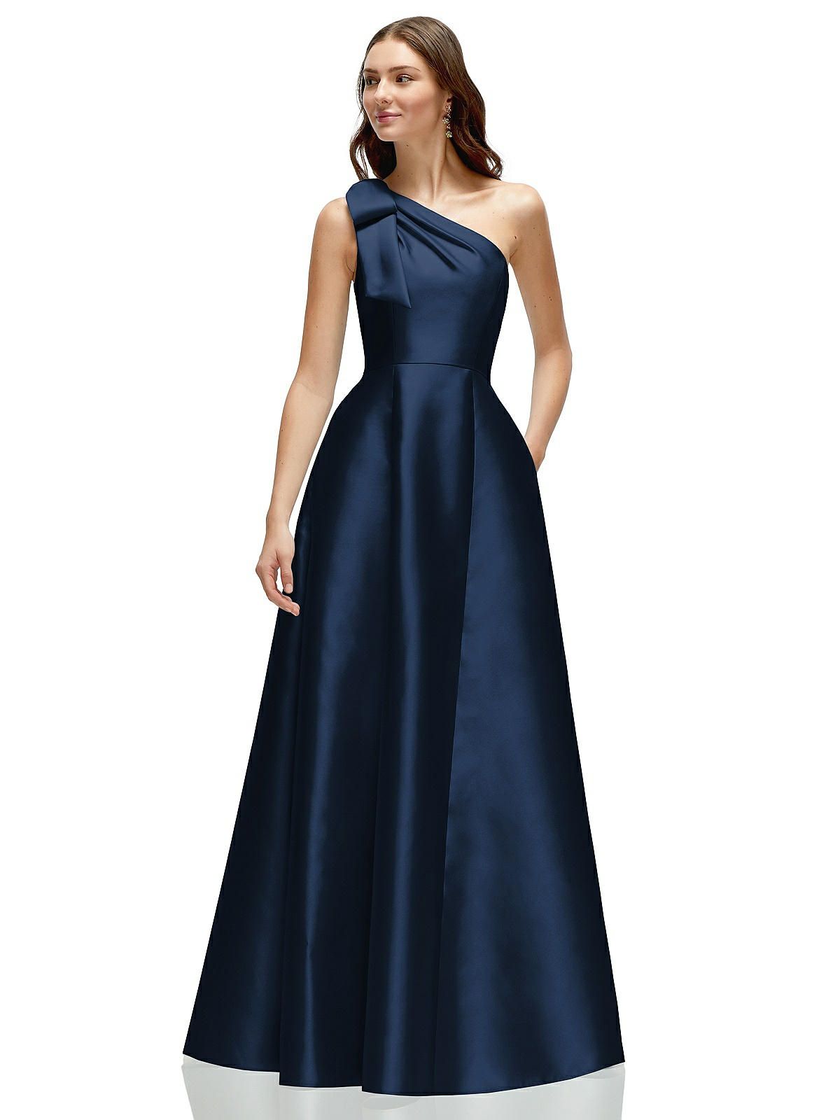 formal dresses_Bow One-Shoulder Full A-Line Satin Maxi Dress