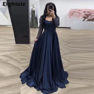 formal dresses_Blue Evening Dress Satin Long Sleeves Sequin Belt Prom Gowns Wedding Party Dress