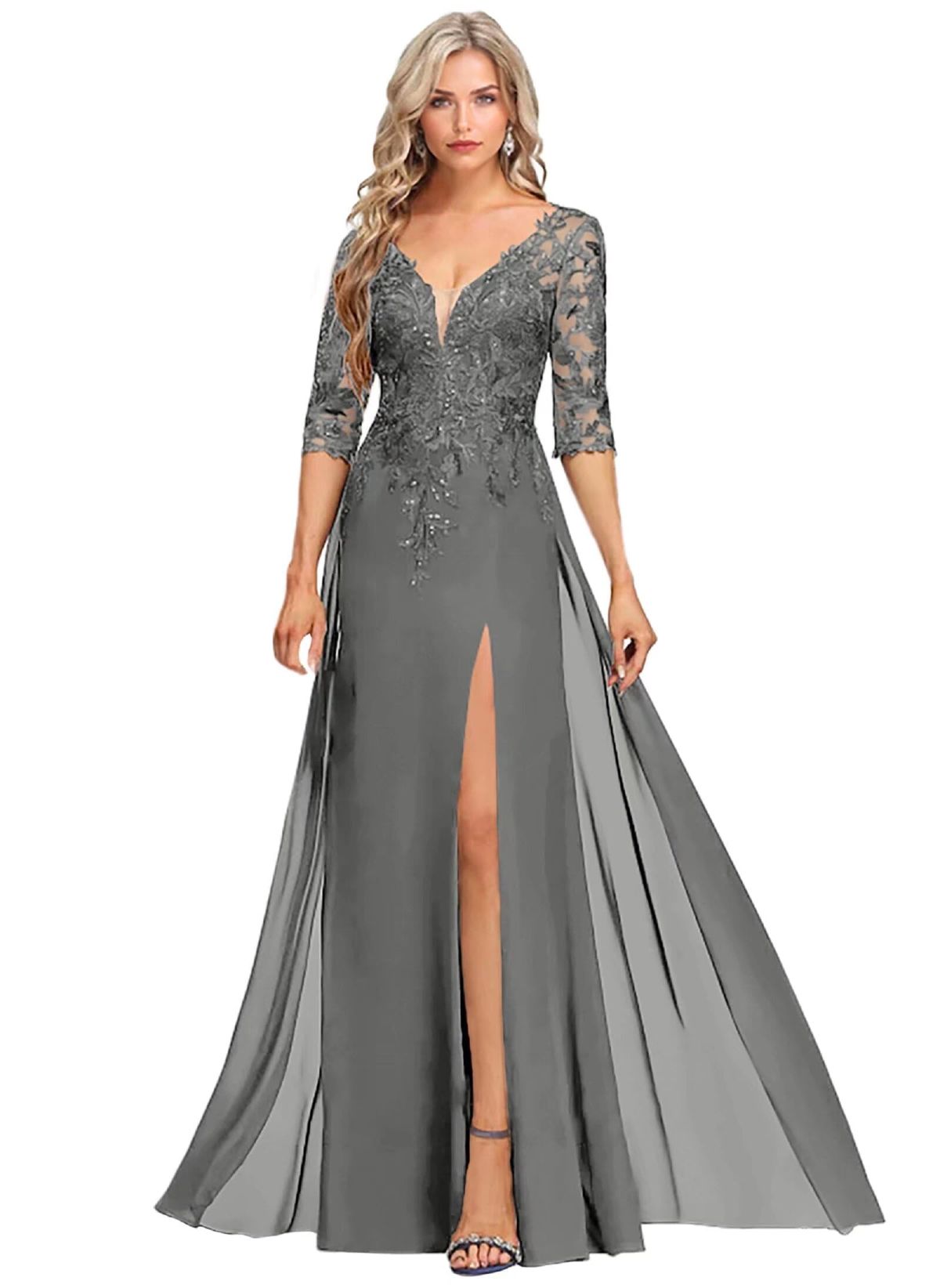 formal dresses_Sequins Applique Chiffon Mother of The Bride Dresses for Wedding V Neck Mother of The Groom Dresses for Women with Split