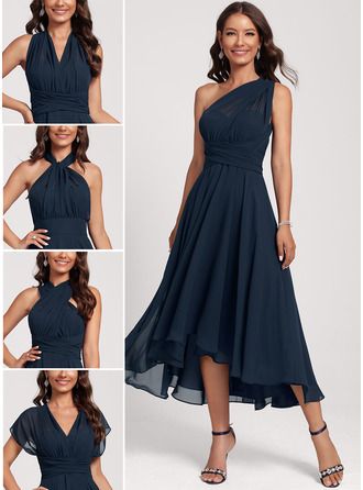 fancy outfits_[€ 113] Robe de cocktail trapèze licou une épaule col v asymétrique mousseline  - JJ's House