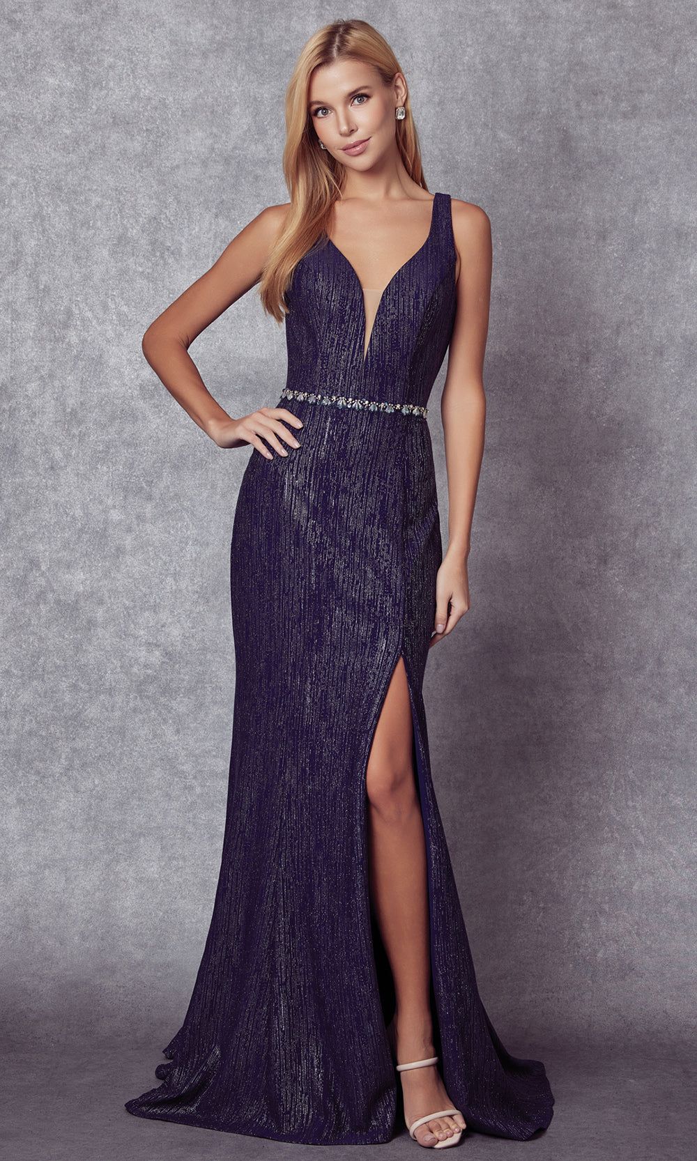 formal dresses_Juliet Dresses 237 - Strappy Back High Slit Gown - XS / Navy Blue