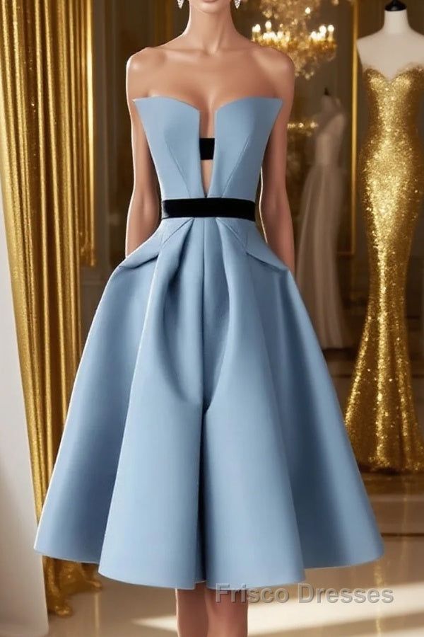 formal dresses_Blue satin short Formal Prom Dresses, blue homecoming Dresses - Blue / US10