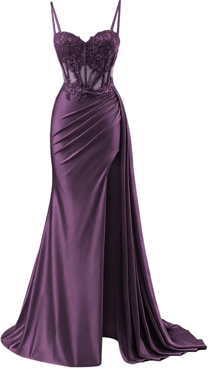 formal dresses_Loyeloy Spaghetti Strap Satin Prom Dresses with Slit 2025 Lace Appliques Long Mermaid Evening Gowns