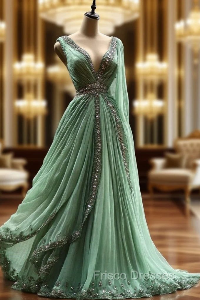 formal dresses_Aesthetic Ball Gown V Neckline Green Tulle Party Dress Long Formal Prom Dress Evening Dress - Picture Color / US8