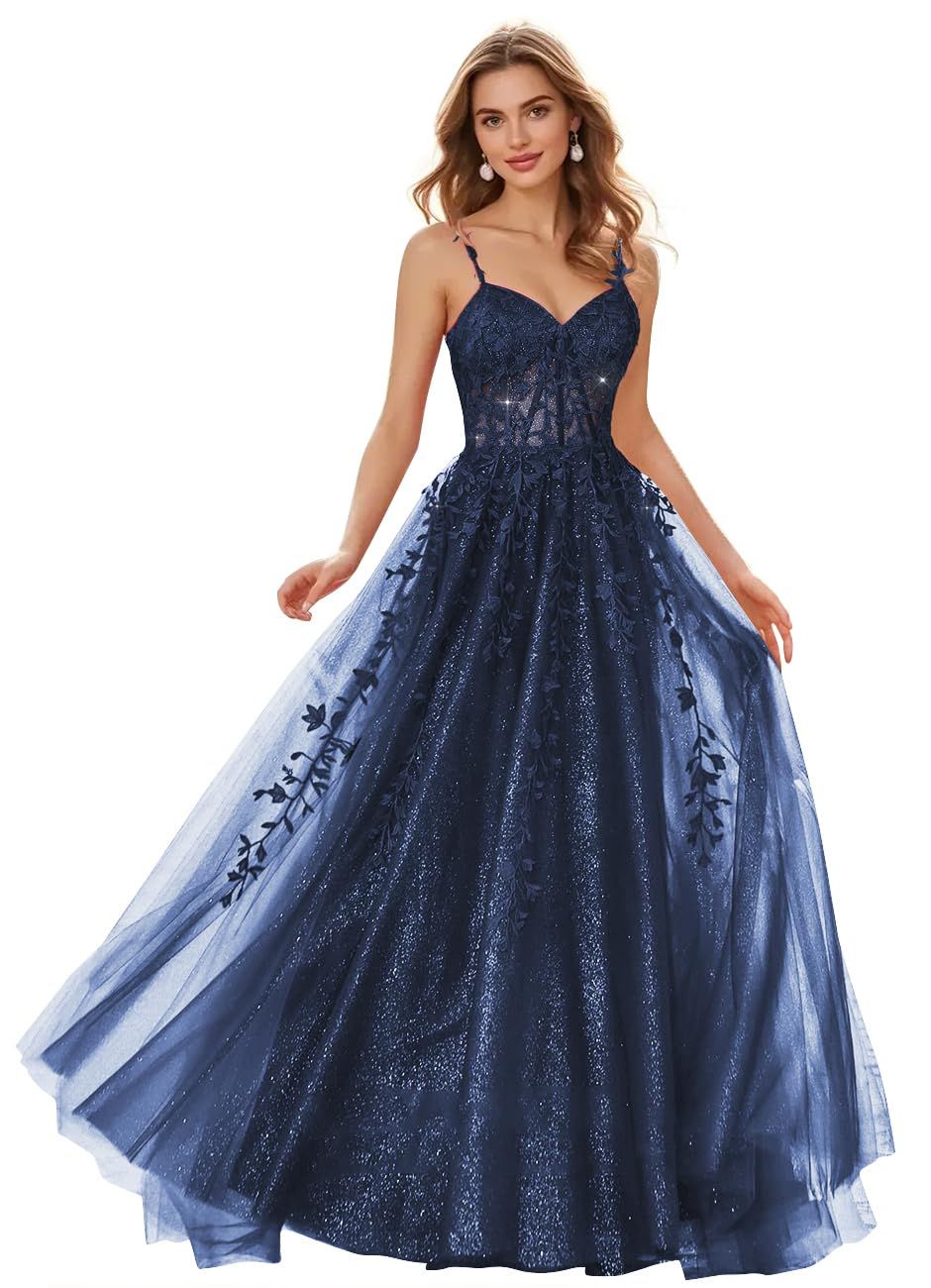 formal dresses_Hiclein Sparkly Tulle Prom Dresses 2025 Lace Appliques Ball Gown Long Spaghetti Straps Formal Evening Gowns with Slit