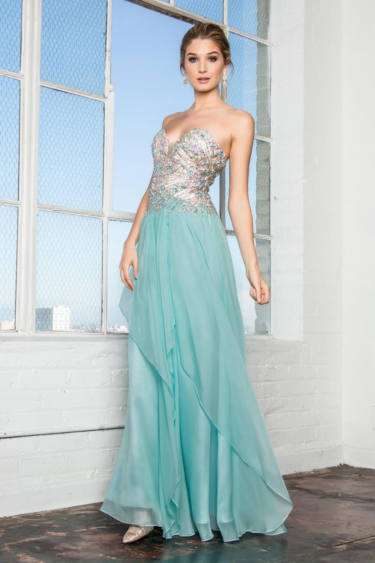 formal dresses_GLS Prom Formal Strapless Sweetheart Chiffon Long Dress - Tiffany - Size S - Corset Back - GLS