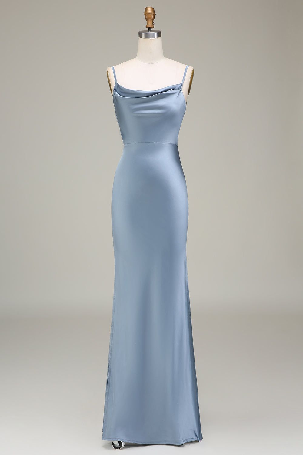 formal dresses_Dusty Blue Sheath Spaghetti Straps Satin Long Bridesmaid Dress