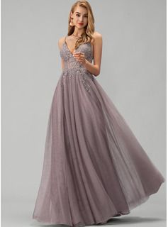 formal dresses_[€ 187] A-Linien-Kleid V-Ausschnitt Bodenlang Spitze Tüll Ballkleid mit Perlenstickerei Pailletten  - JJ's House