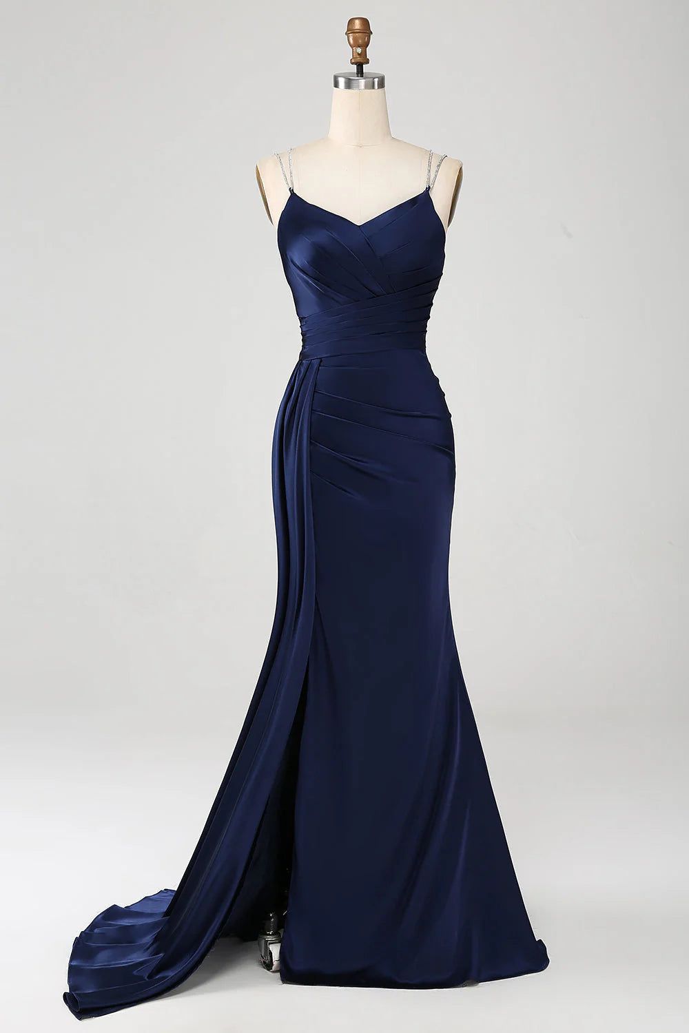 formal dresses_Navy blue fishtail thin shoulder strap pleated tight fitting corset long slit prom dress - Custom Color