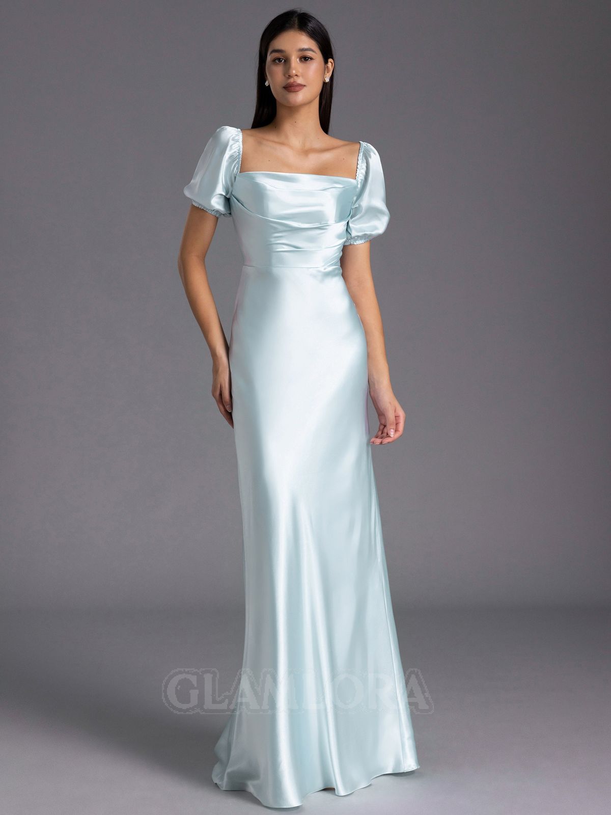 formal dresses_Tasteful Sheath Off-the-Shoulder Short Sleeves Pleated Floor-Length Silk Like Satin Bridesmaid Dress - Glamlora