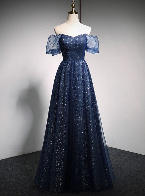 formal dresses_Navy Blue Tulle Sequins Off the Shoulder Puff Sleeve Prom Dress