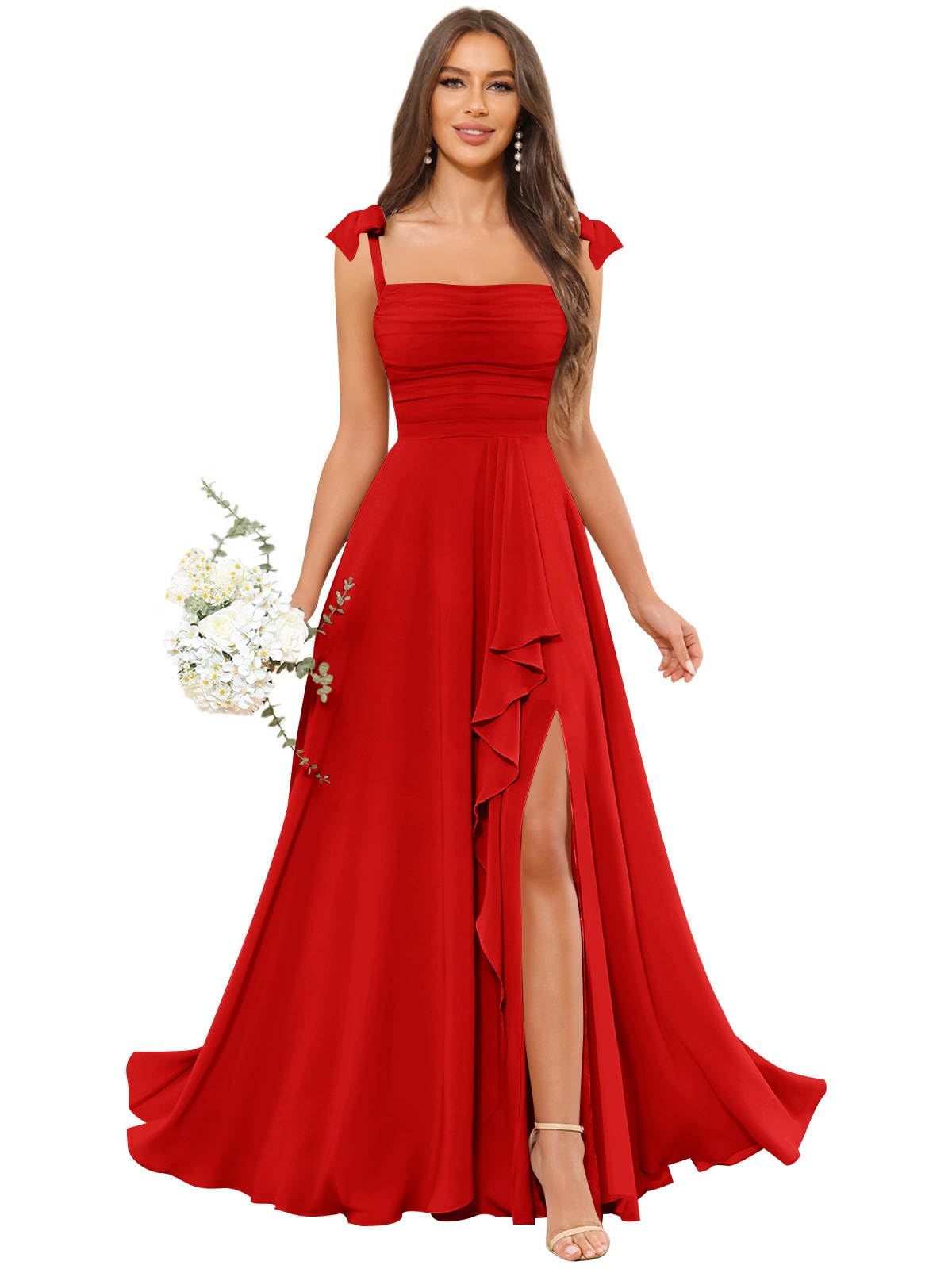 formal dresses_GUKARLEED Women’s Long Bridesmaid Dresses Wrap Ruffles Chiffon Scoop Neck Slit A-line Wedding Guest Formal Dress with Pockets