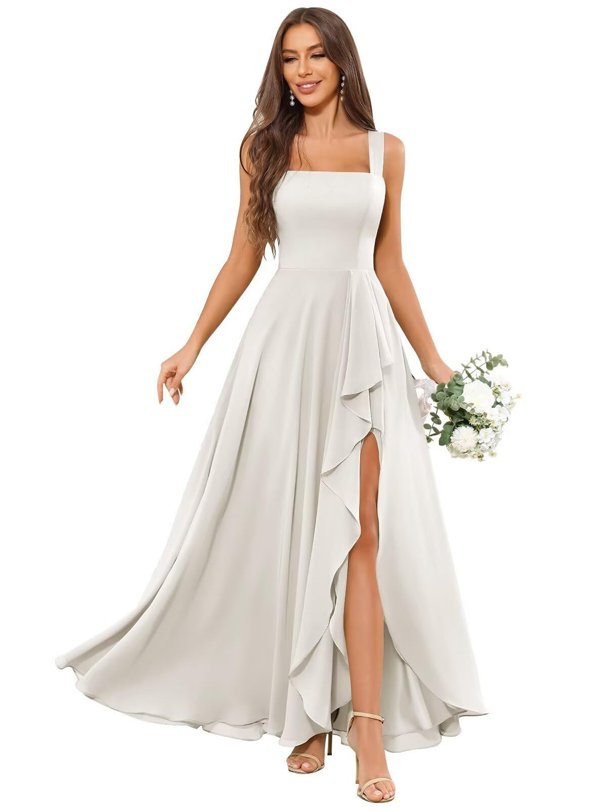 formal dresses_OFEYCHUN Chiffon Bridesmaid Dresses Long Ruffle Formal Dress Square Neck Evening Gown with Slit