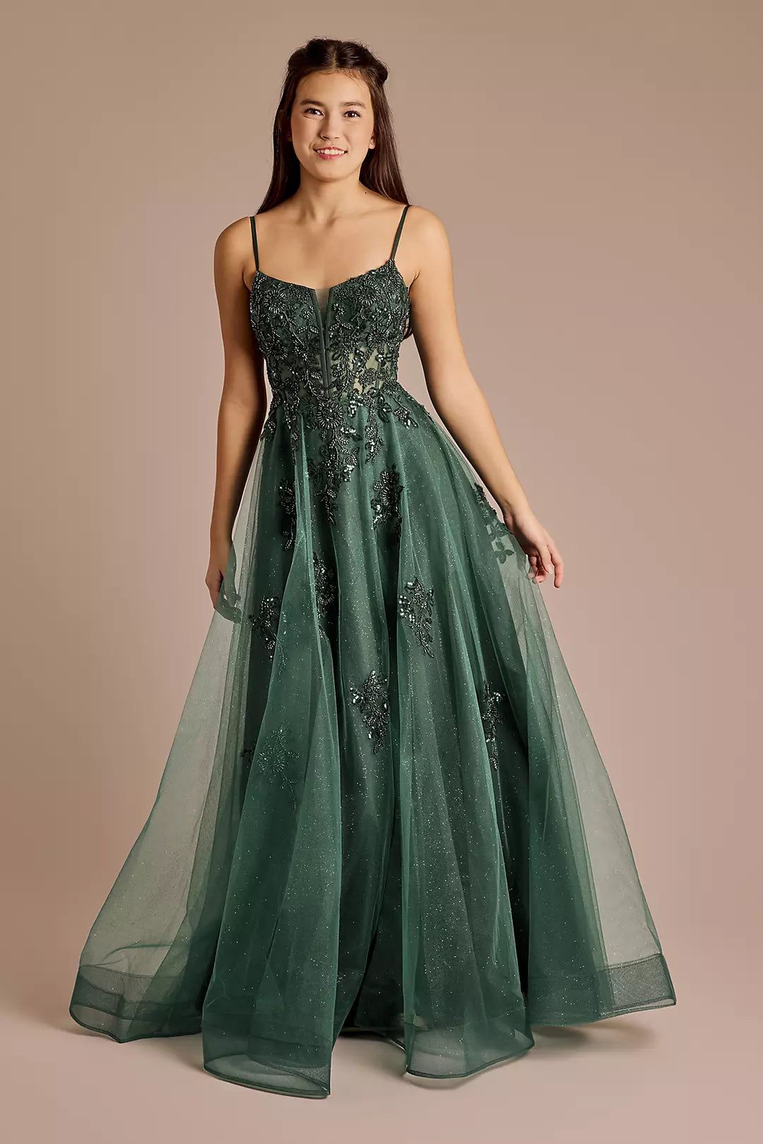 formal dresses_Beaded Floral Applique Glitter Tulle Ball Gown | David's Bridal