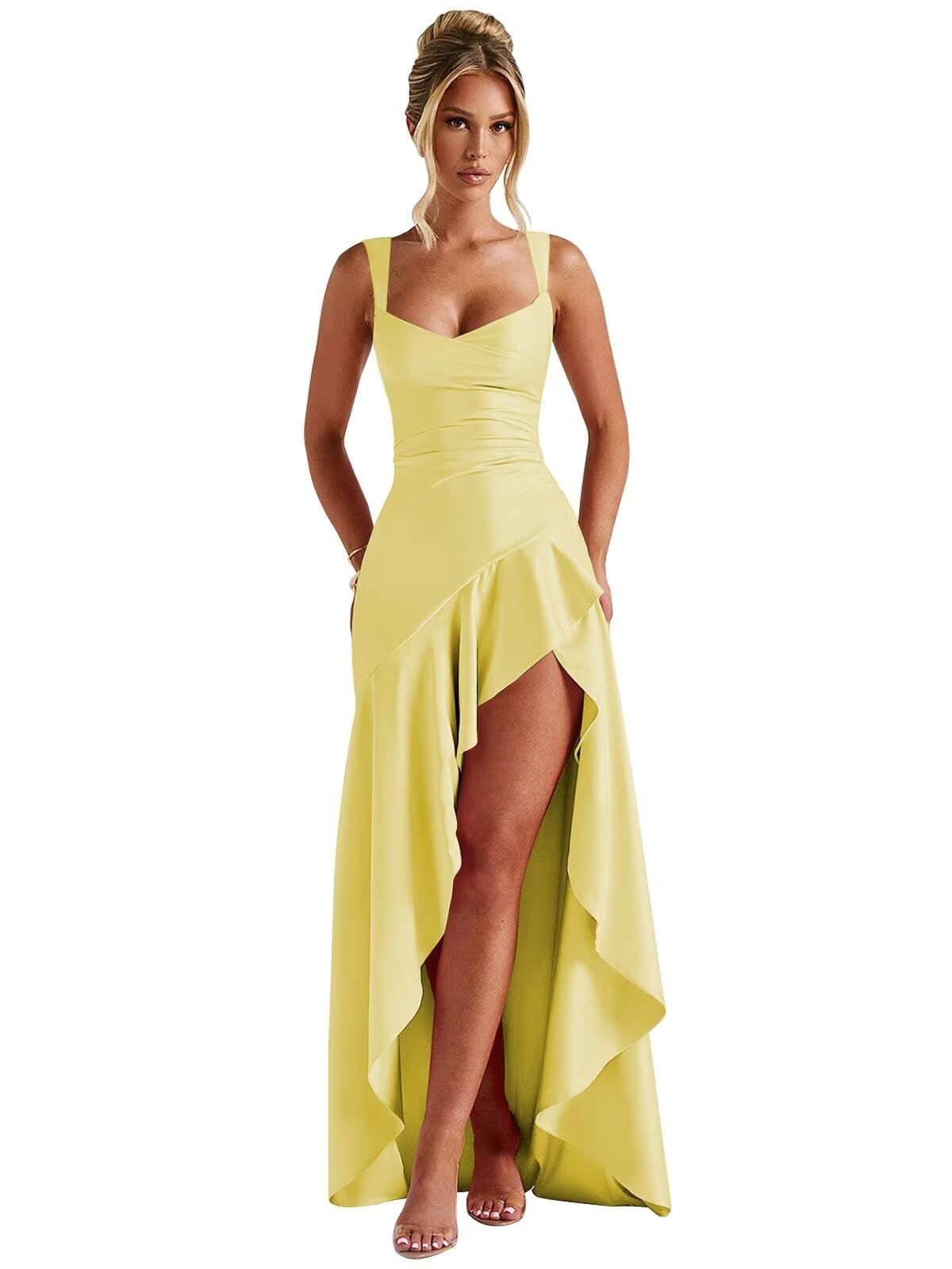 formal dresses_TORYEMY Satin Ruffle Prom Dress Mermaid High Low with Slit V Neck Formal Evening Ball Gown for Women