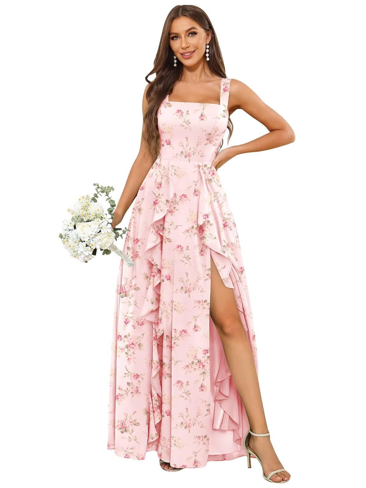 formal dresses_Mollyevers Square Neck Ruffle Bridesmaid Dresses for Women Long Chiffon Formal Evening Gowns with Slit