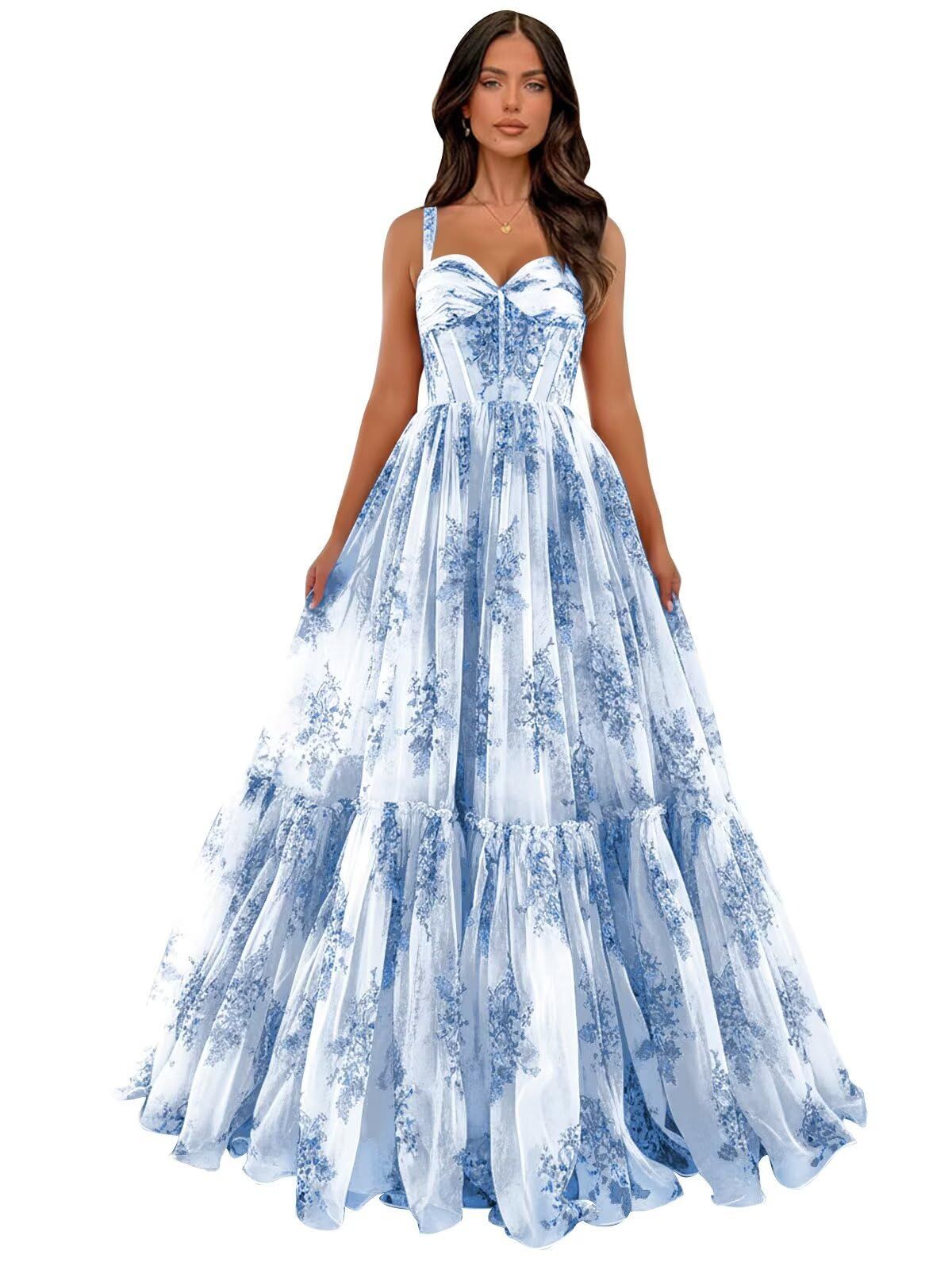 formal dresses_MRECA Floral Prom Dresses for Women Corset Spaghetti Straps Sleeveless Sweetheart Formal Evening Gowns