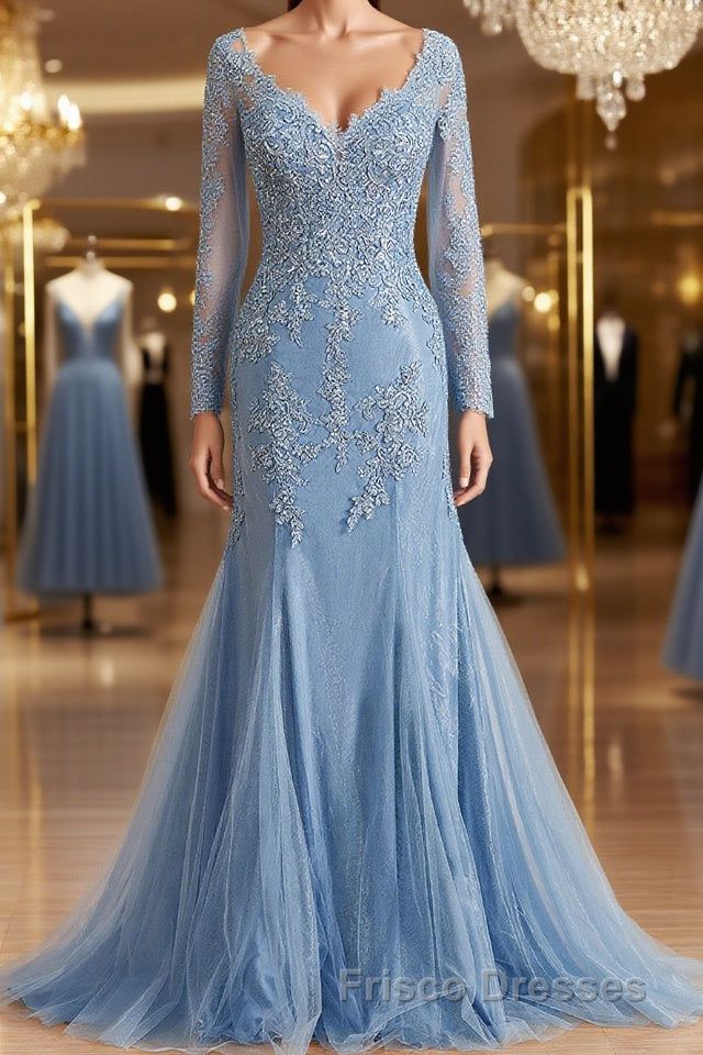 formal dresses_Sheath/Column V-neck Sweep Train Tulle Mother of the Bride Dress With Appliques Lace - Dusty Blue / US10
