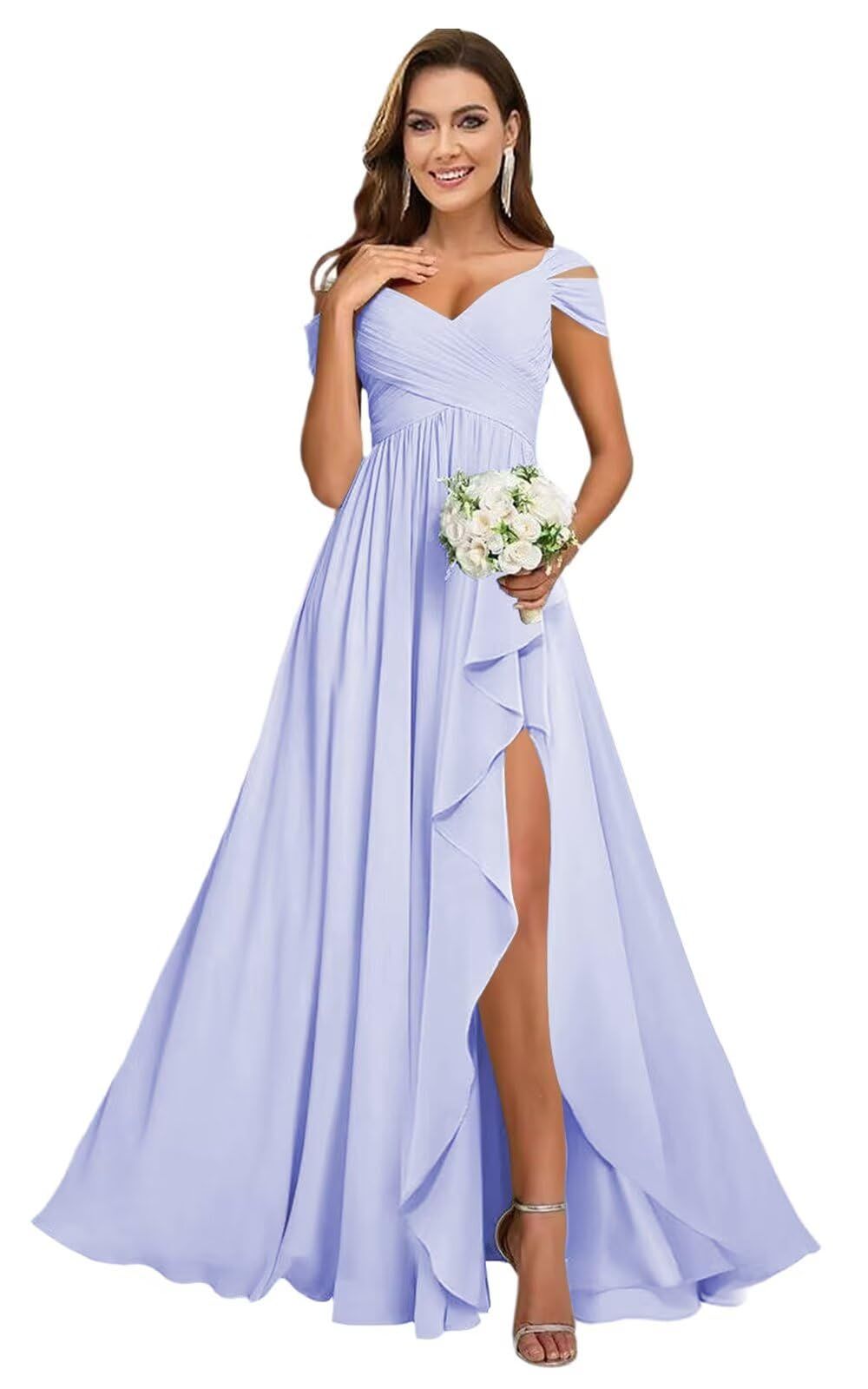 formal dresses_Monvelli Off The Shoulder Bridesmaid Dresses with Pockets Long Ruffle Chiffon Pleated Formal Evening Party Gowns with Slit
