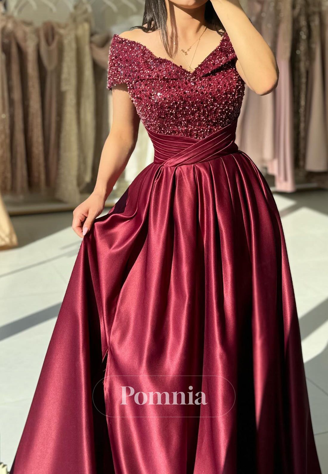formal dresses_Burgundy A-Line Cap Sleeves Empire-Waist Sequins Evening Dress